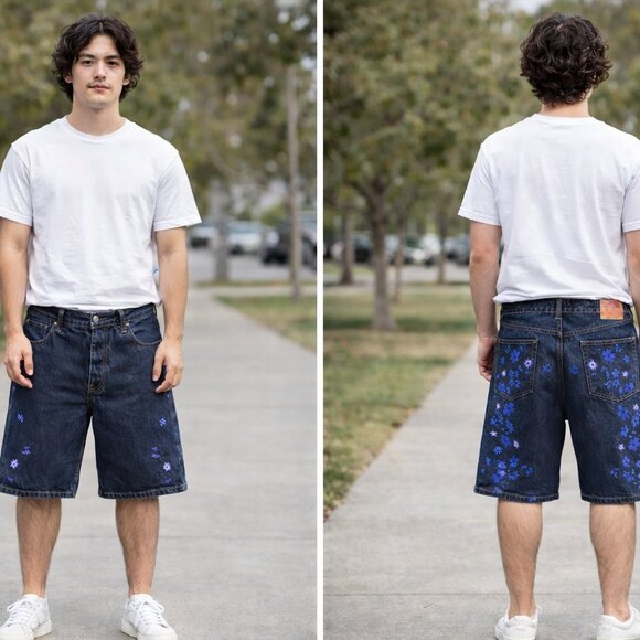 EVISU Cotton Denim Embroidered Blue Jean Shorts 38 like new tagged 38 waist - Picture 14 of 14